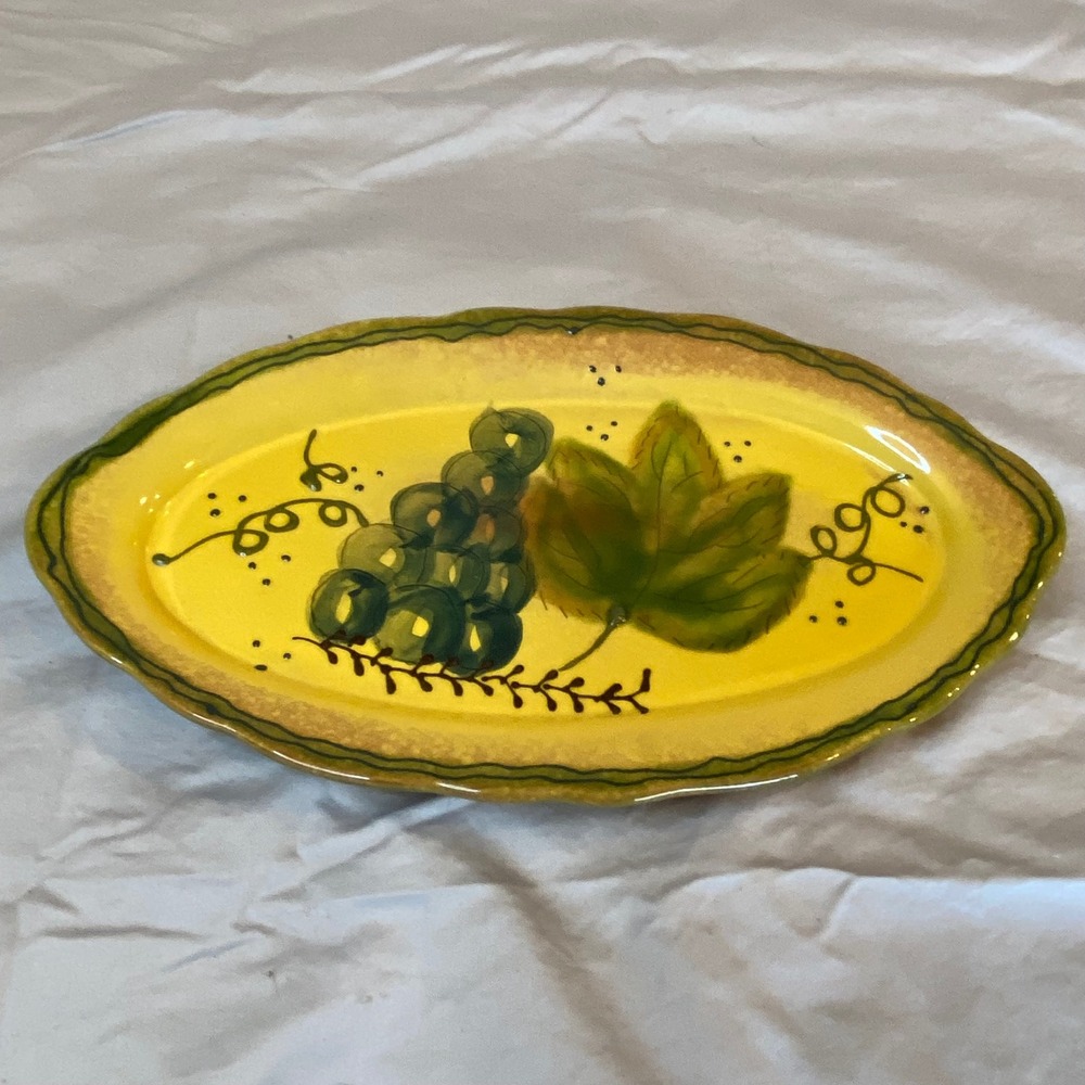 Bon Appetit Romancing Provence Yellow Grape Leaf Oval Platter Hand‎ Painted